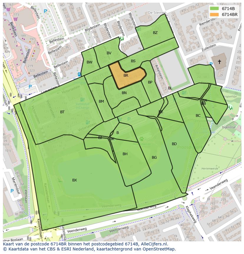 Afbeelding van het postcodegebied 6714 BR op de kaart.