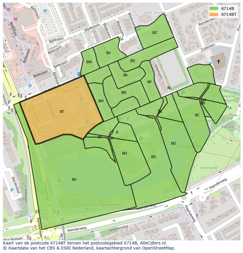 Afbeelding van het postcodegebied 6714 BT op de kaart.