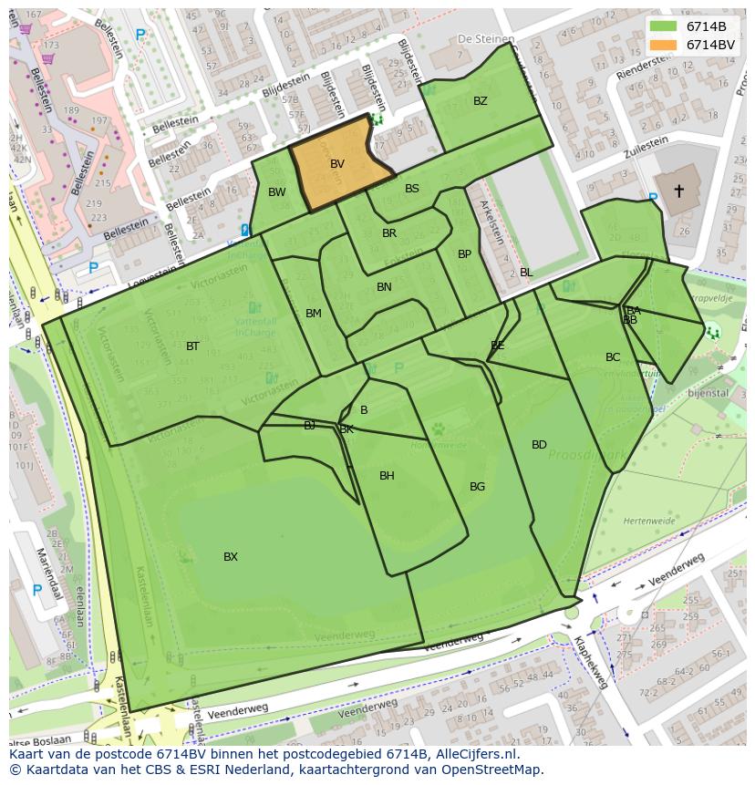 Afbeelding van het postcodegebied 6714 BV op de kaart.