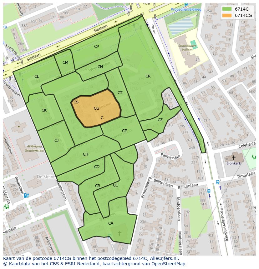 Afbeelding van het postcodegebied 6714 CG op de kaart.