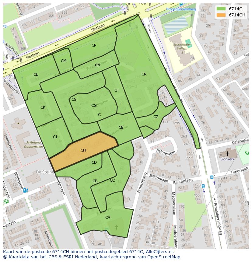 Afbeelding van het postcodegebied 6714 CH op de kaart.