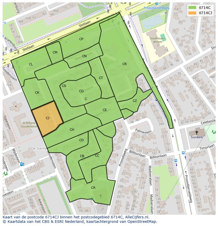 Afbeelding van het postcodegebied 6714 CJ op de kaart.