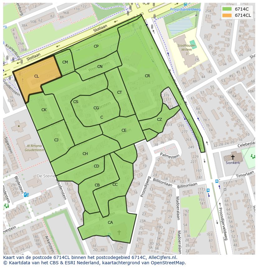 Afbeelding van het postcodegebied 6714 CL op de kaart.