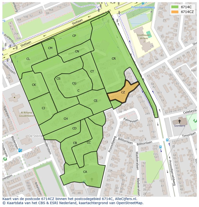 Afbeelding van het postcodegebied 6714 CZ op de kaart.