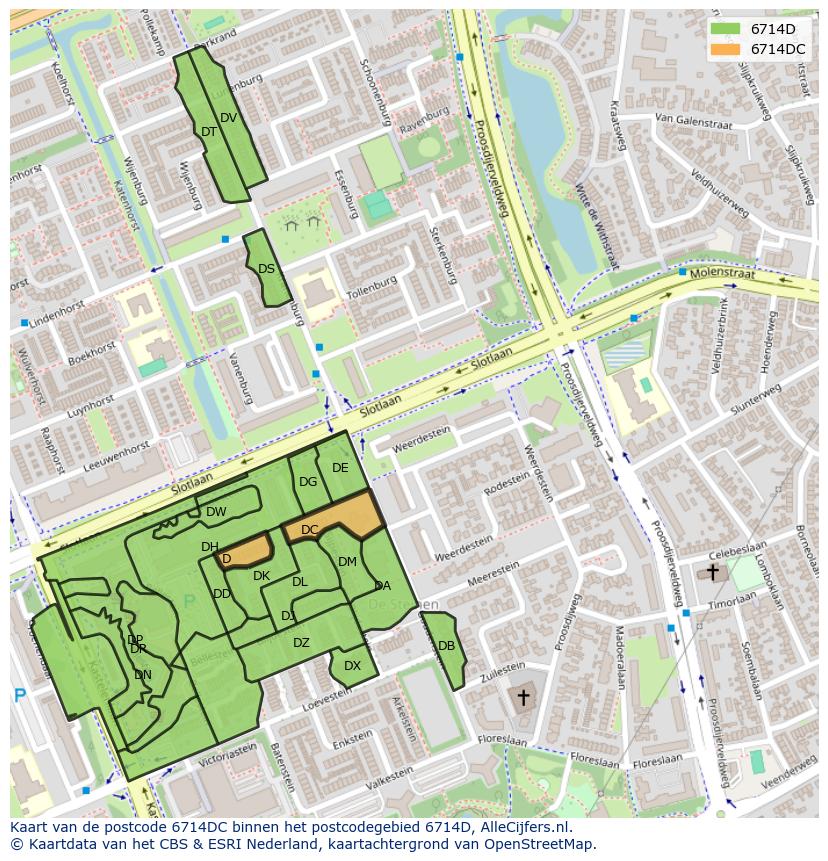 Afbeelding van het postcodegebied 6714 DC op de kaart.