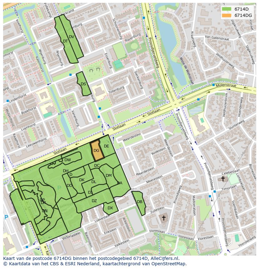 Afbeelding van het postcodegebied 6714 DG op de kaart.