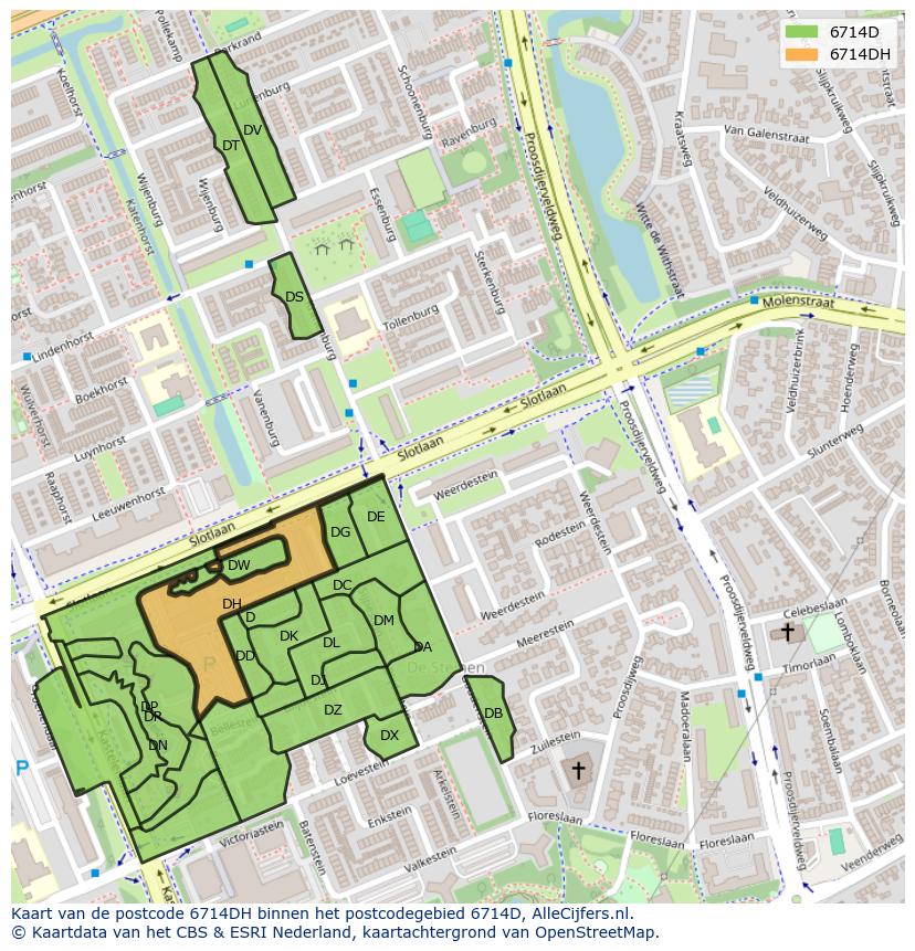 Afbeelding van het postcodegebied 6714 DH op de kaart.