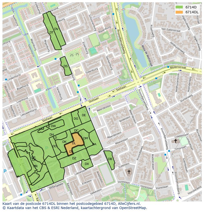 Afbeelding van het postcodegebied 6714 DL op de kaart.