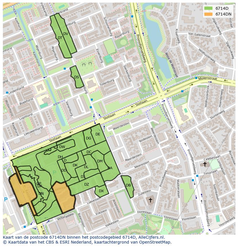 Afbeelding van het postcodegebied 6714 DN op de kaart.