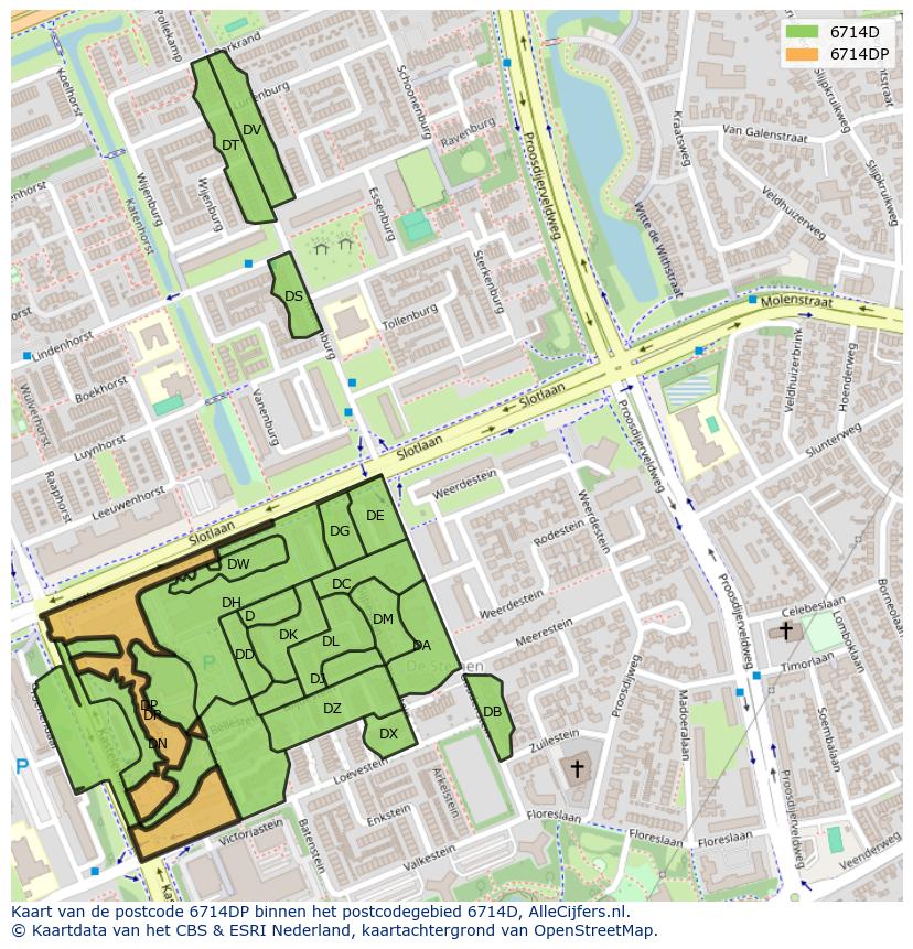 Afbeelding van het postcodegebied 6714 DP op de kaart.