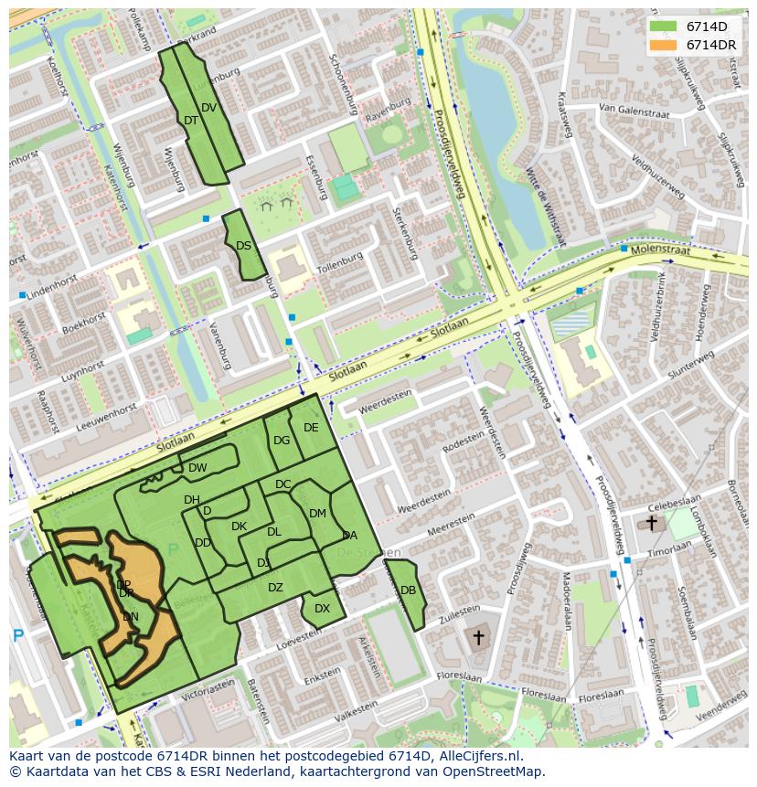 Afbeelding van het postcodegebied 6714 DR op de kaart.