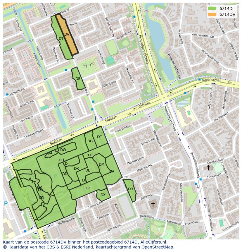 Afbeelding van het postcodegebied 6714 DV op de kaart.