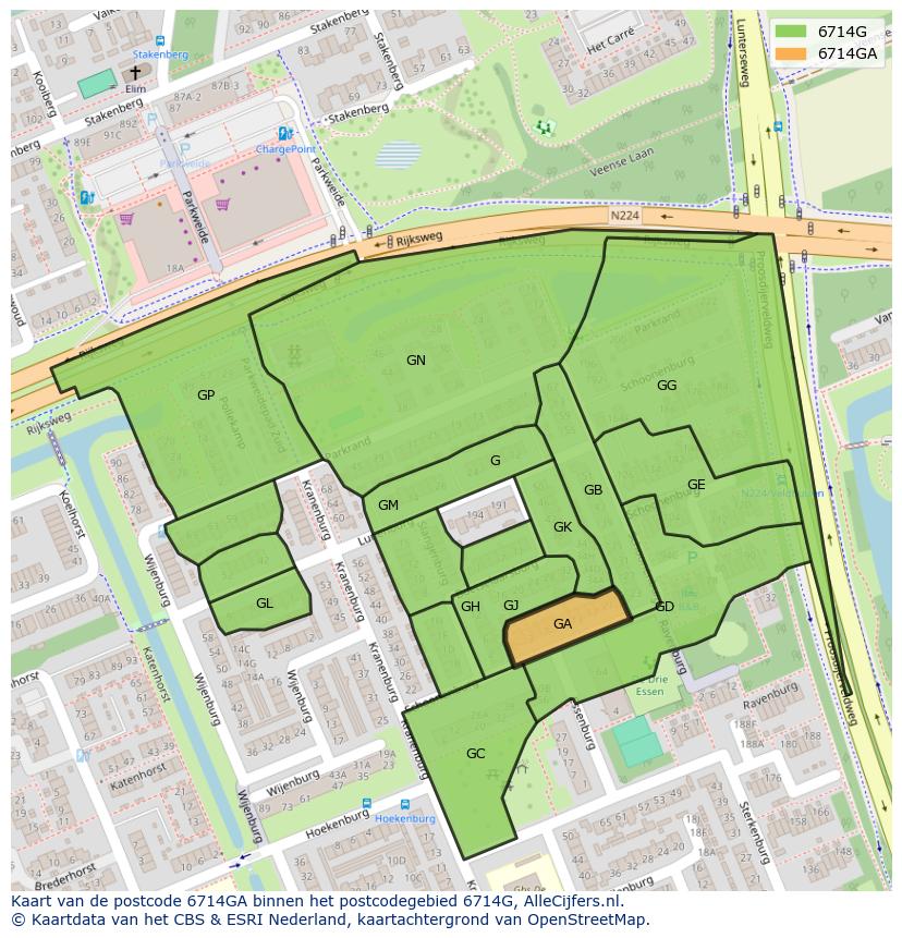Afbeelding van het postcodegebied 6714 GA op de kaart.