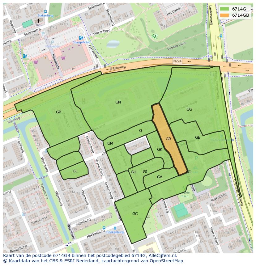 Afbeelding van het postcodegebied 6714 GB op de kaart.