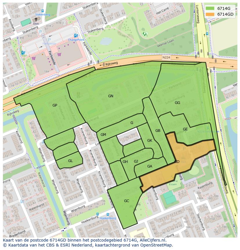 Afbeelding van het postcodegebied 6714 GD op de kaart.