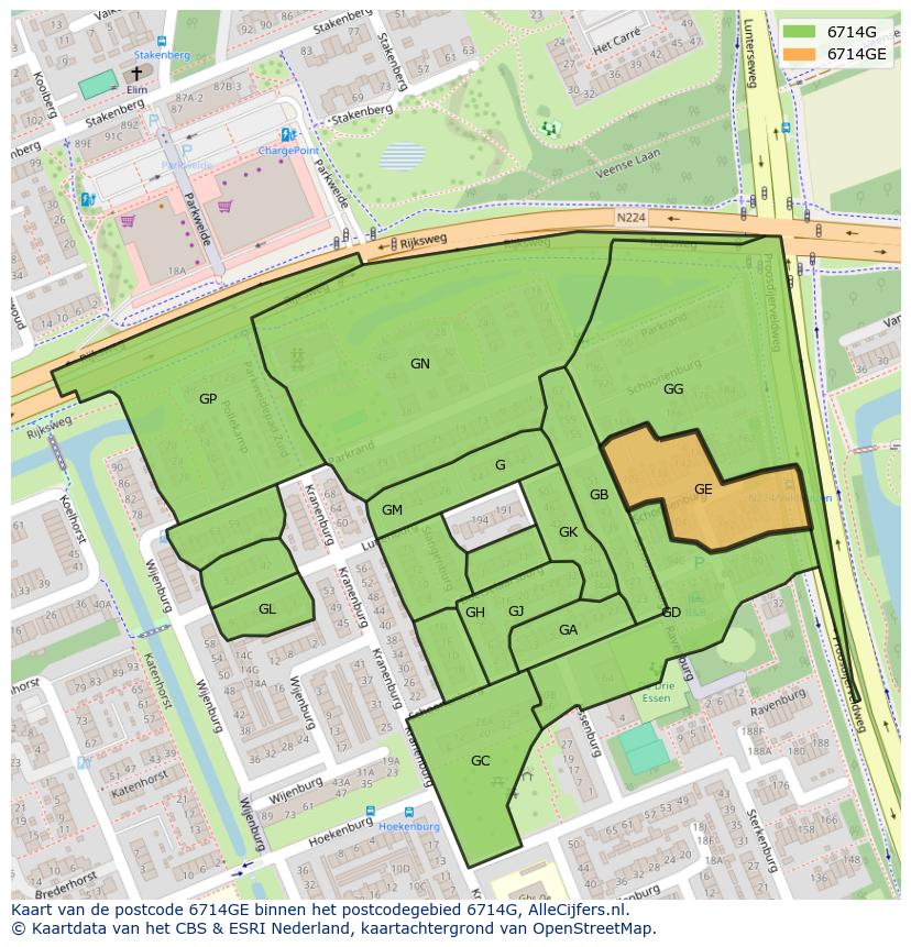 Afbeelding van het postcodegebied 6714 GE op de kaart.