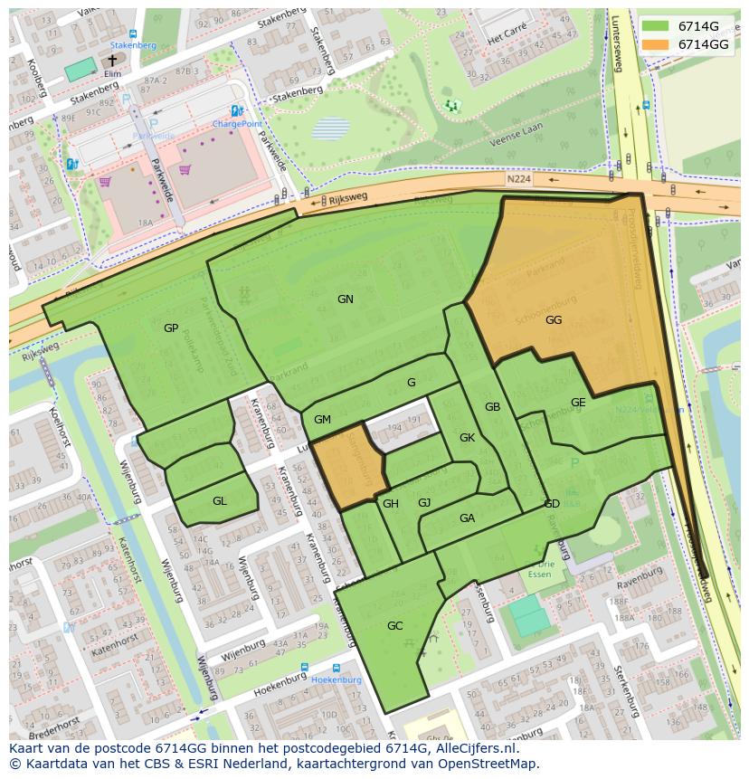 Afbeelding van het postcodegebied 6714 GG op de kaart.