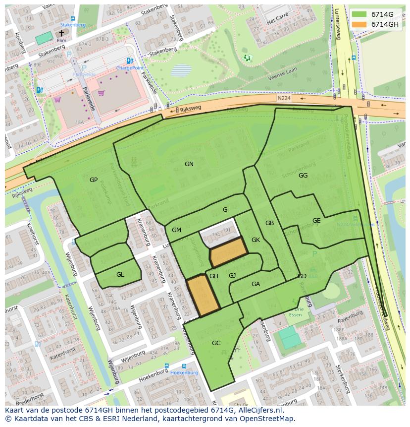 Afbeelding van het postcodegebied 6714 GH op de kaart.