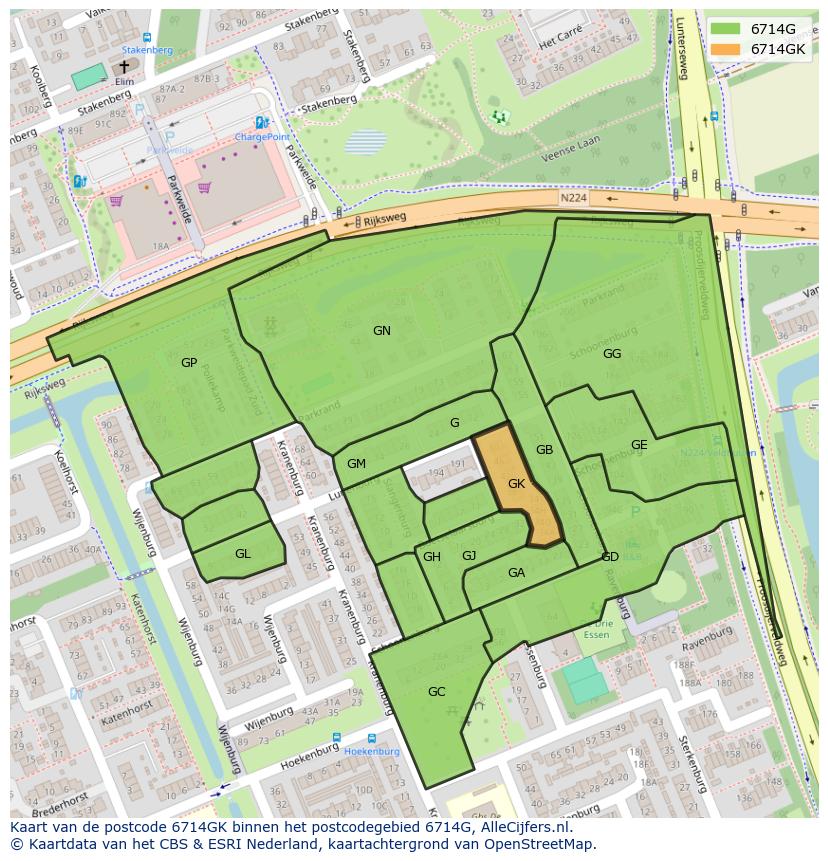 Afbeelding van het postcodegebied 6714 GK op de kaart.