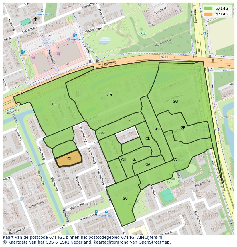 Afbeelding van het postcodegebied 6714 GL op de kaart.