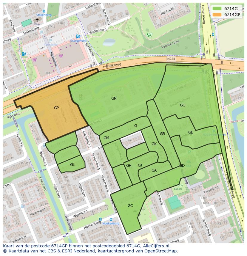 Afbeelding van het postcodegebied 6714 GP op de kaart.