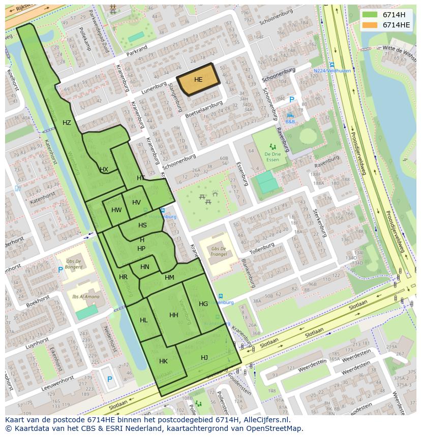 Afbeelding van het postcodegebied 6714 HE op de kaart.