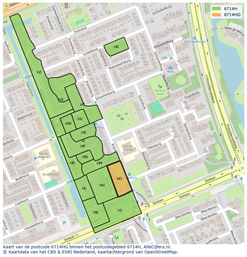 Afbeelding van het postcodegebied 6714 HG op de kaart.
