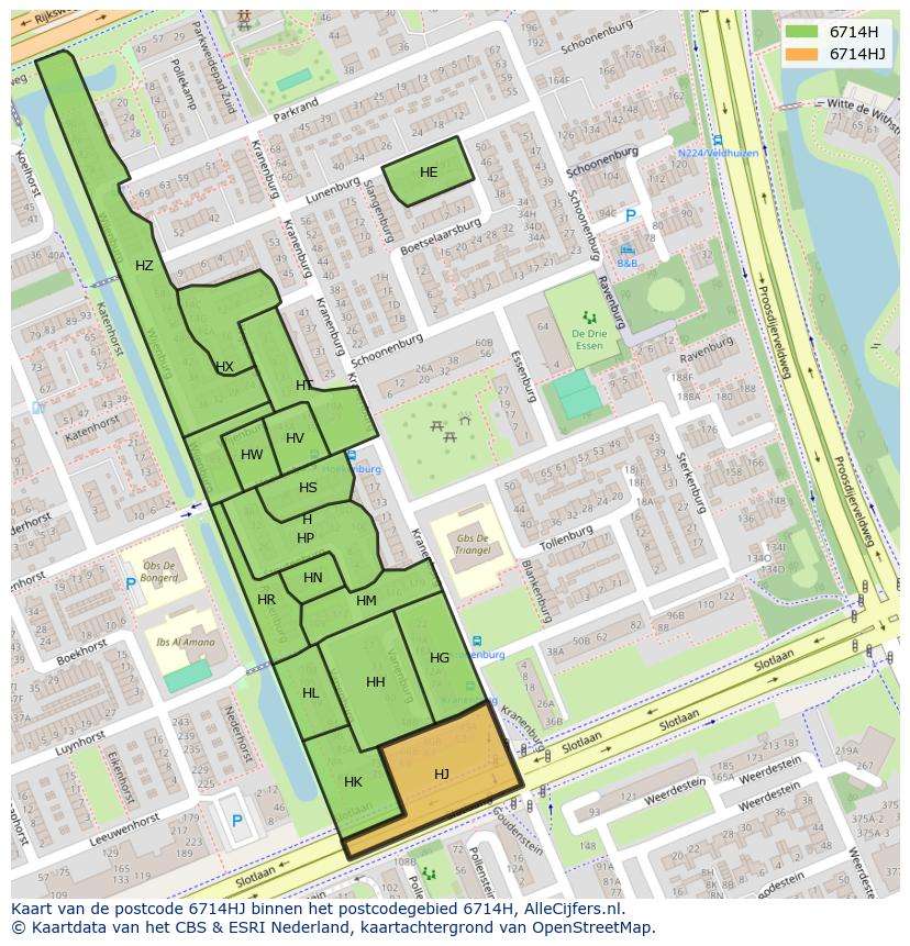 Afbeelding van het postcodegebied 6714 HJ op de kaart.