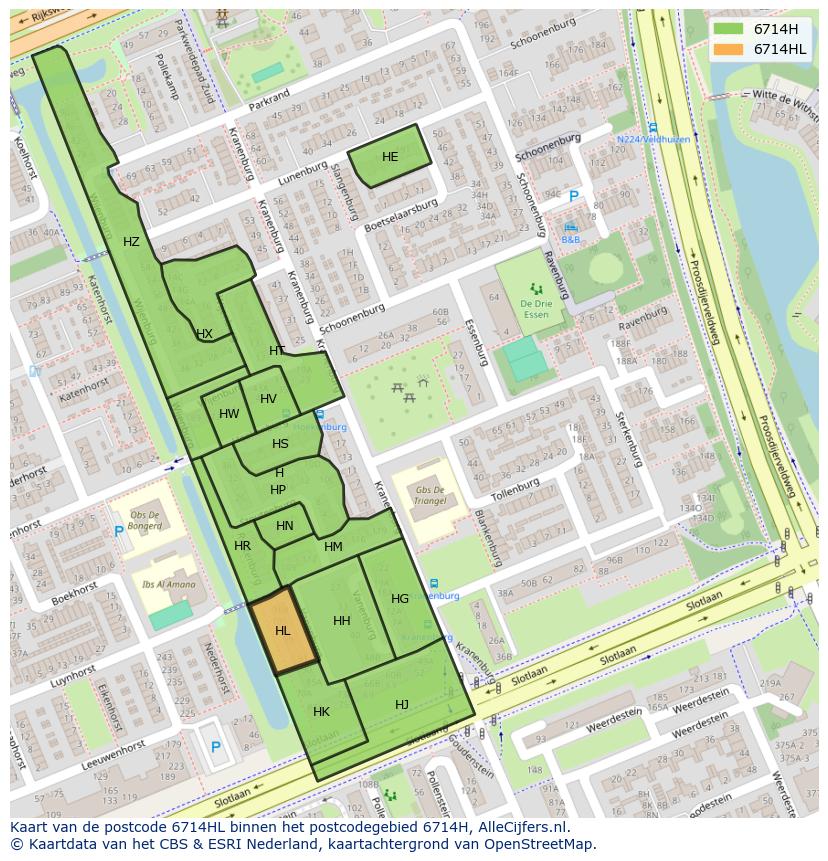 Afbeelding van het postcodegebied 6714 HL op de kaart.