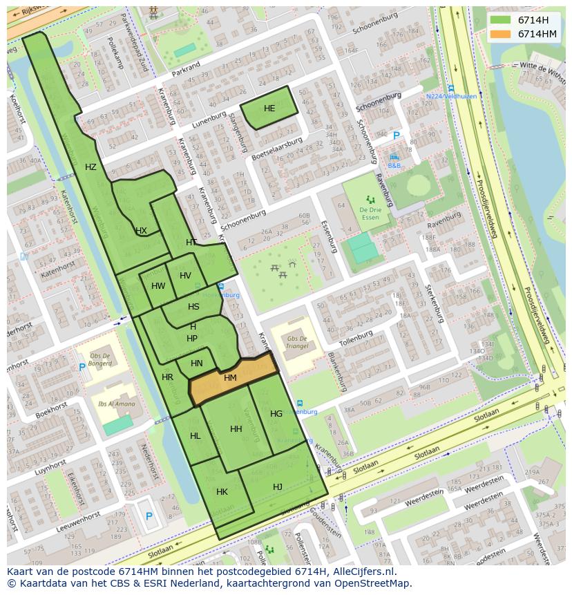 Afbeelding van het postcodegebied 6714 HM op de kaart.