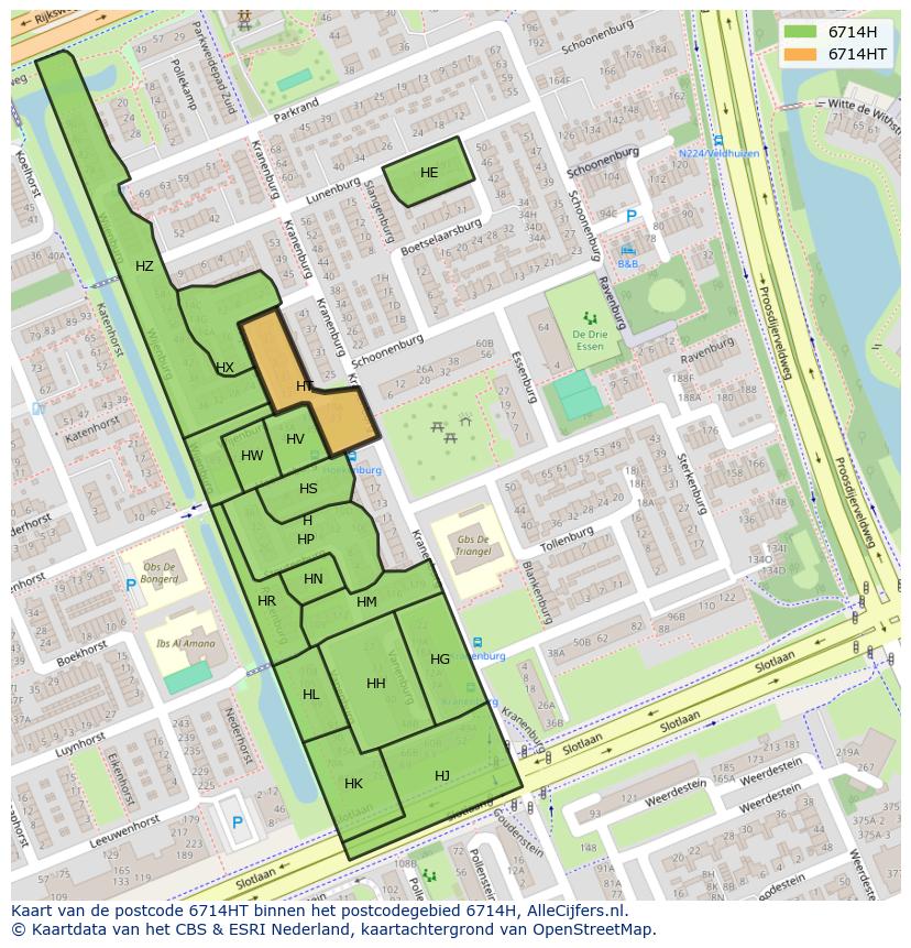 Afbeelding van het postcodegebied 6714 HT op de kaart.