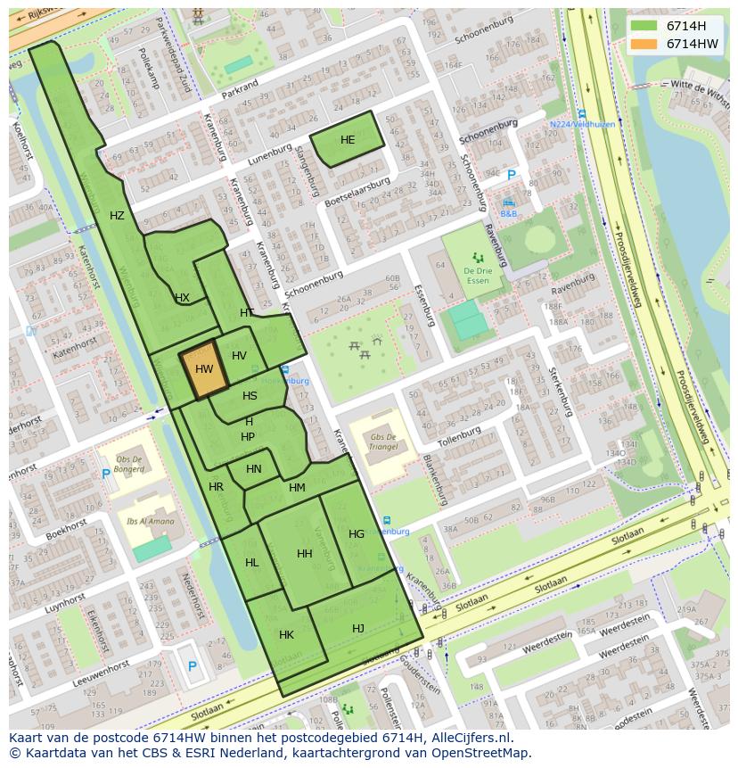Afbeelding van het postcodegebied 6714 HW op de kaart.