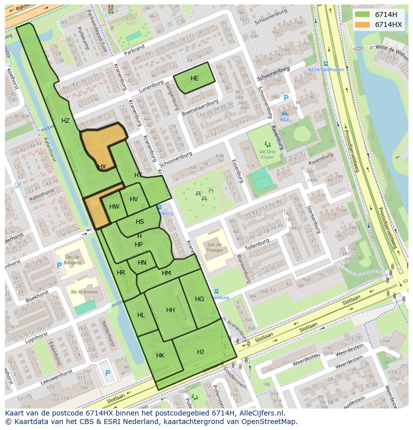 Afbeelding van het postcodegebied 6714 HX op de kaart.