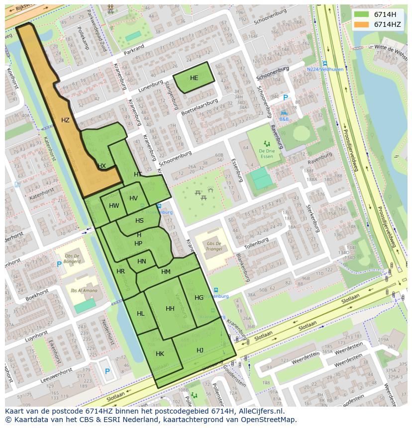Afbeelding van het postcodegebied 6714 HZ op de kaart.