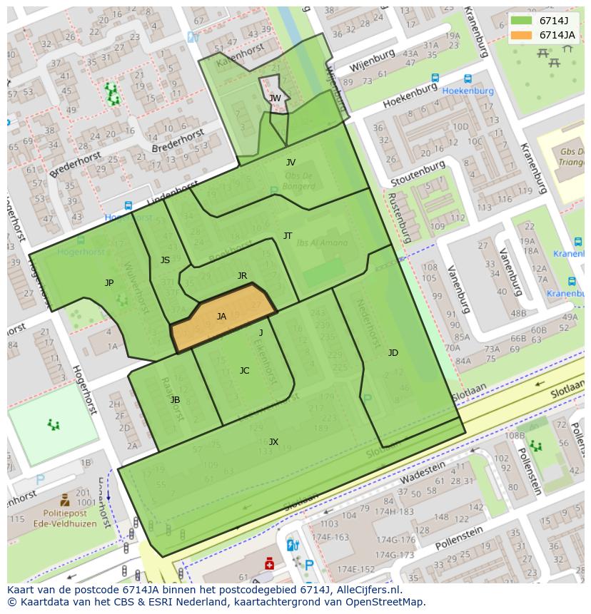 Afbeelding van het postcodegebied 6714 JA op de kaart.
