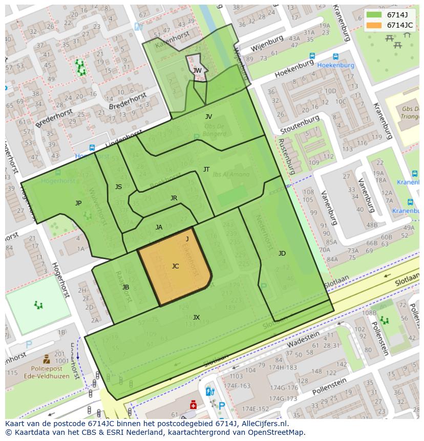 Afbeelding van het postcodegebied 6714 JC op de kaart.