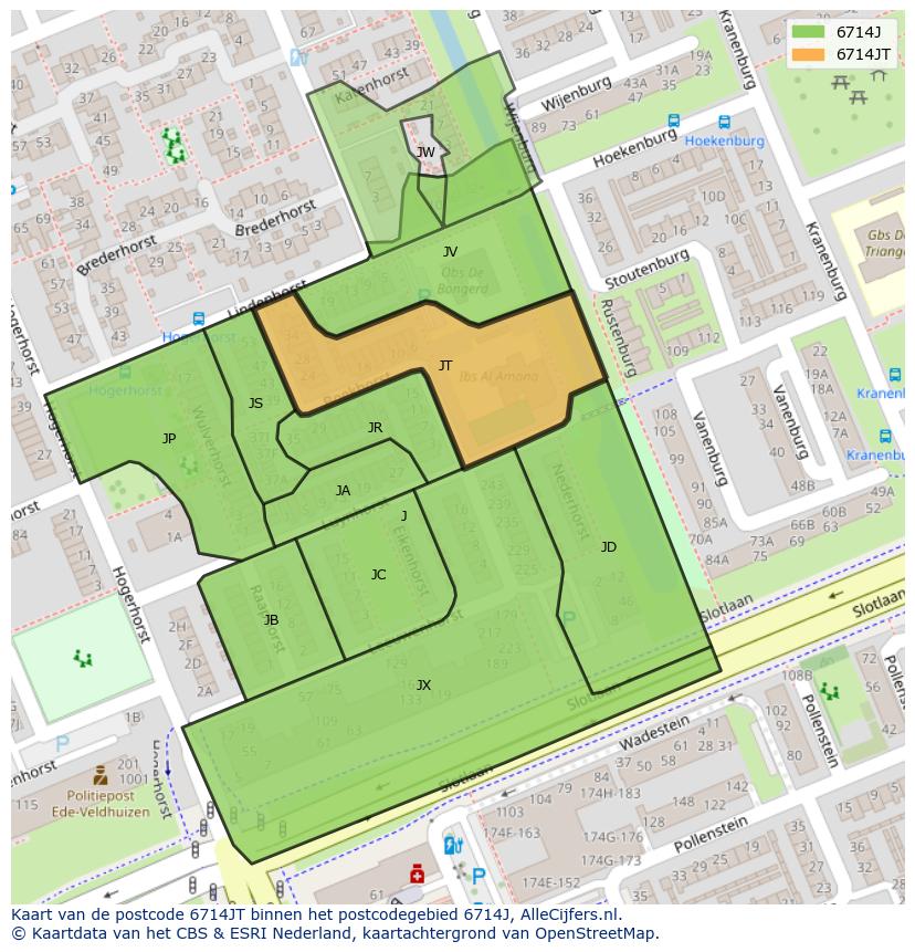Afbeelding van het postcodegebied 6714 JT op de kaart.