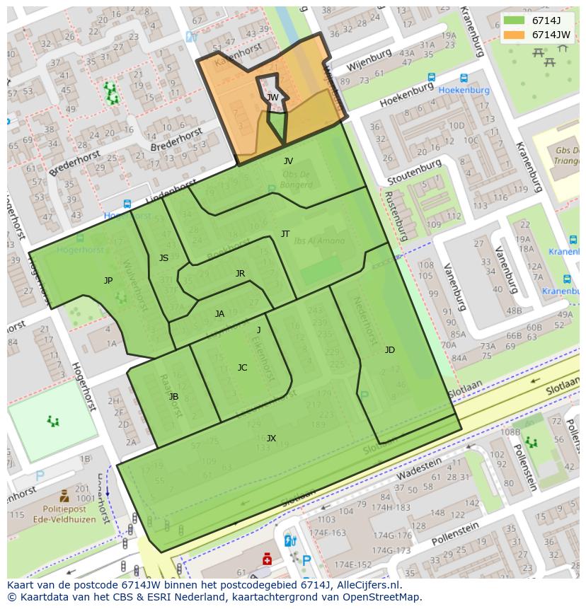 Afbeelding van het postcodegebied 6714 JW op de kaart.