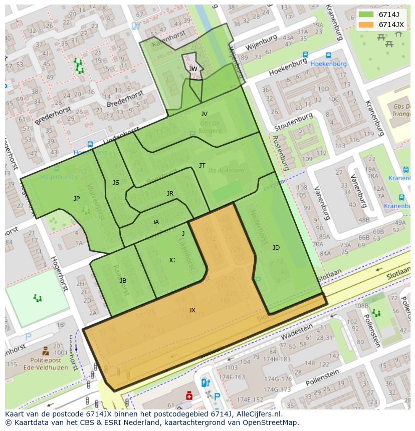 Afbeelding van het postcodegebied 6714 JX op de kaart.