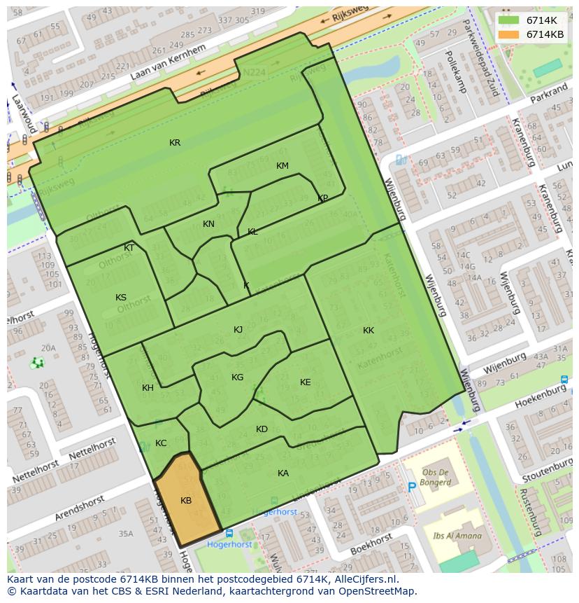 Afbeelding van het postcodegebied 6714 KB op de kaart.