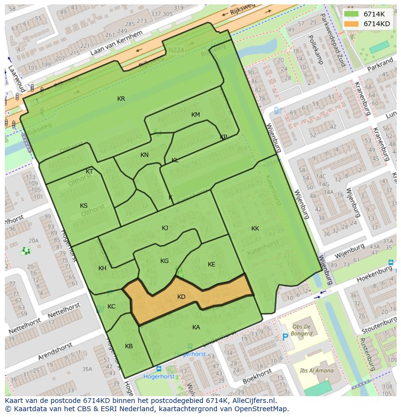 Afbeelding van het postcodegebied 6714 KD op de kaart.