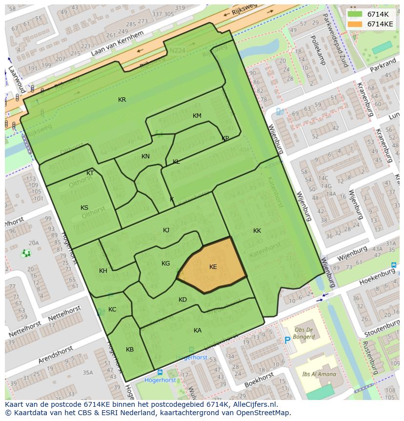 Afbeelding van het postcodegebied 6714 KE op de kaart.