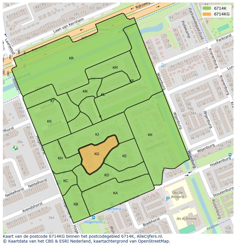 Afbeelding van het postcodegebied 6714 KG op de kaart.