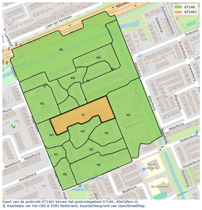 Afbeelding van het postcodegebied 6714 KJ op de kaart.
