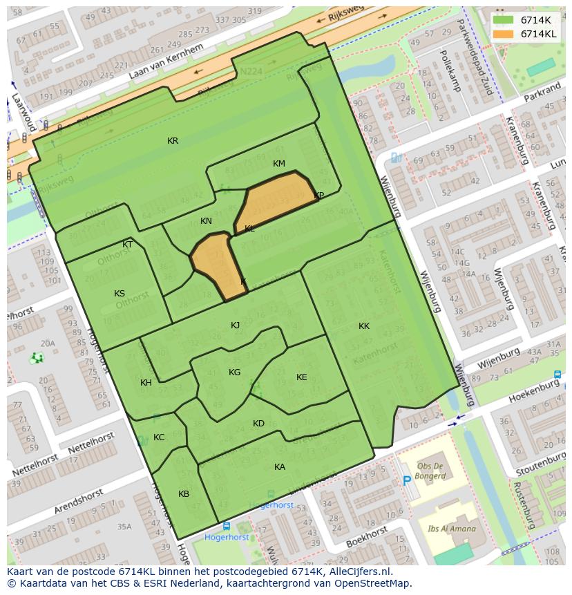 Afbeelding van het postcodegebied 6714 KL op de kaart.