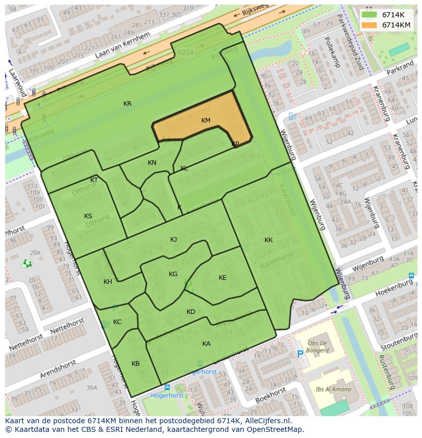 Afbeelding van het postcodegebied 6714 KM op de kaart.