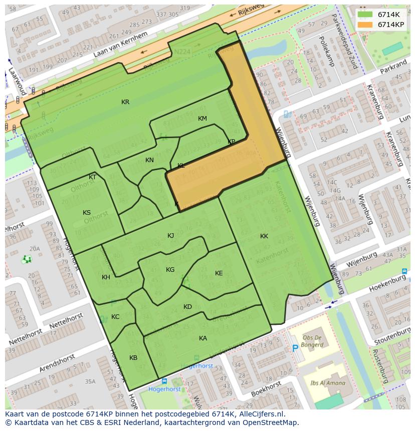 Afbeelding van het postcodegebied 6714 KP op de kaart.