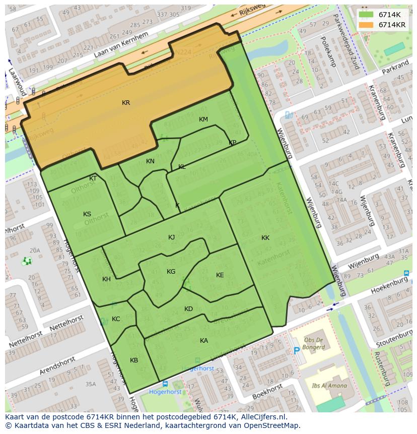 Afbeelding van het postcodegebied 6714 KR op de kaart.