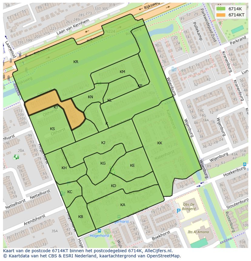 Afbeelding van het postcodegebied 6714 KT op de kaart.