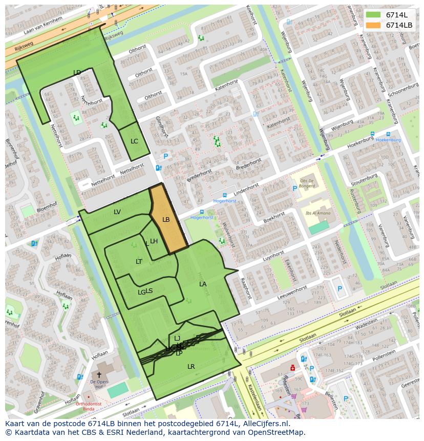 Afbeelding van het postcodegebied 6714 LB op de kaart.